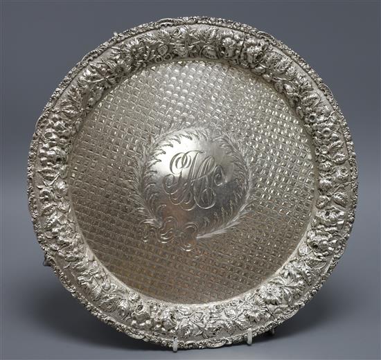 An American sterling white metal presentation circular tray with embossed rose border. 17.5 oz.